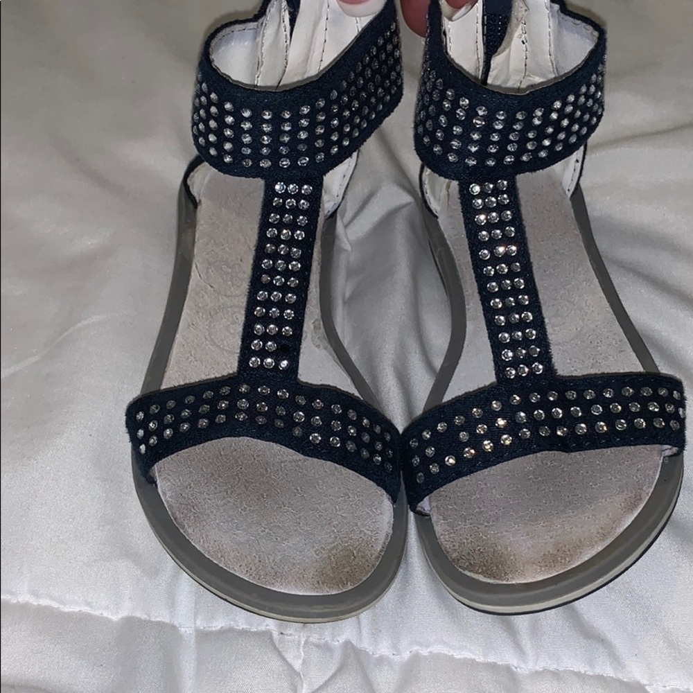 Navy blue sparkle T strap Italian leather sandal